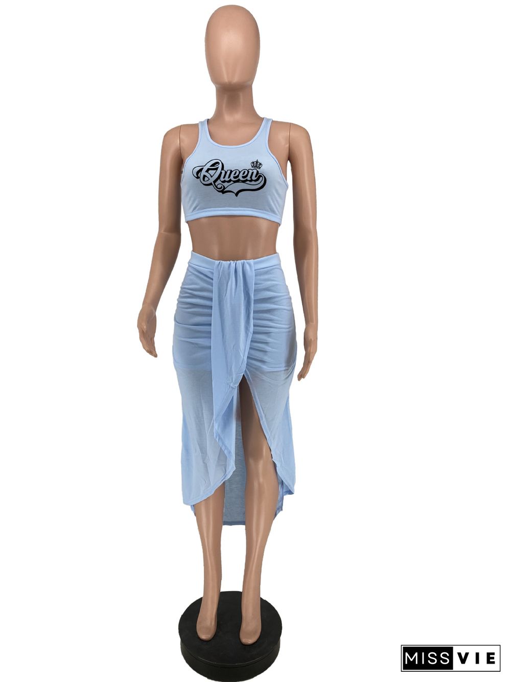 Crop Tank Tops+Split Midi Ruched Bodycon Skirt Sets