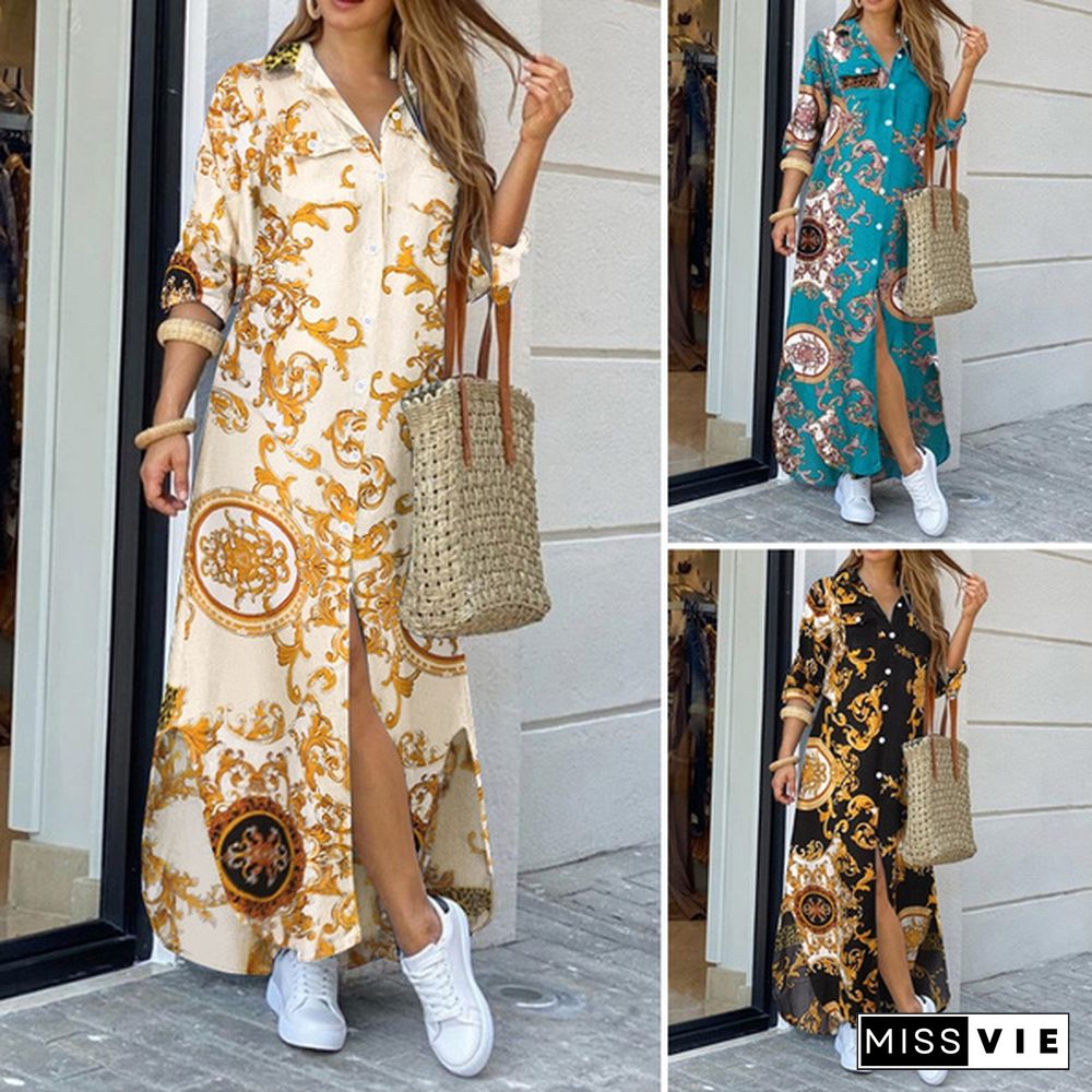 S-5XL Women Fulll Sleeved Kaftan Dress Chains Printed Side Fork Casual Loose Long Wedding Holiday Dress