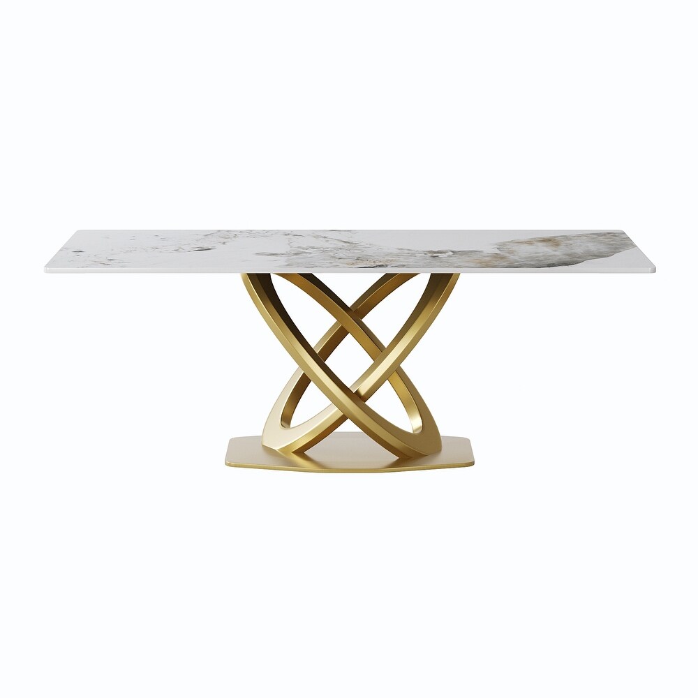 Modern Sintered Stone Dining Table Minimalist Artificial Marble Rectangular Table Top + Gold X cross Shaped Base