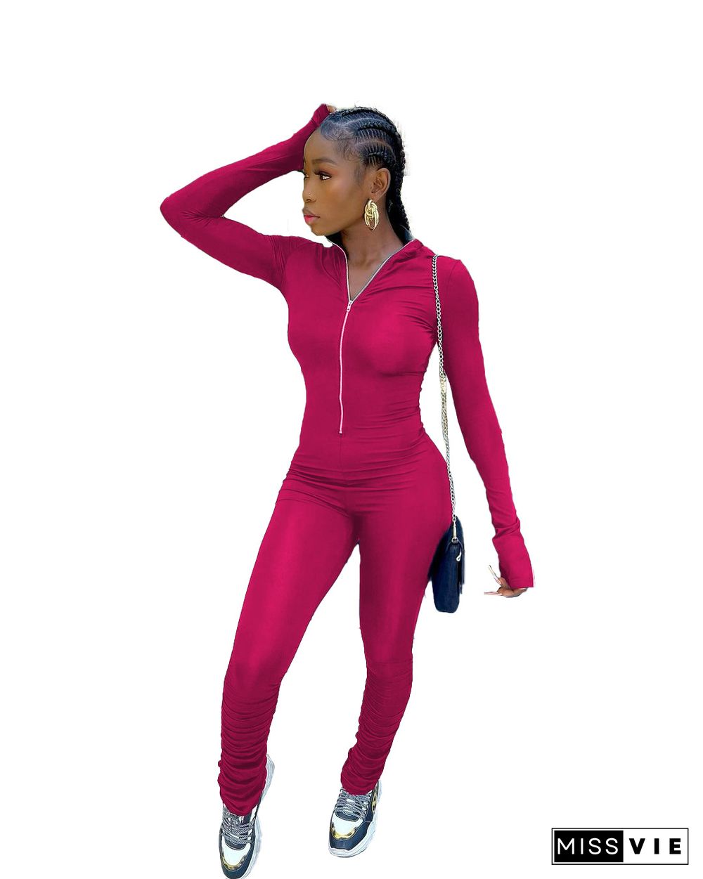 Solid Color Active Wear Zipper Pleated Jumpsuit