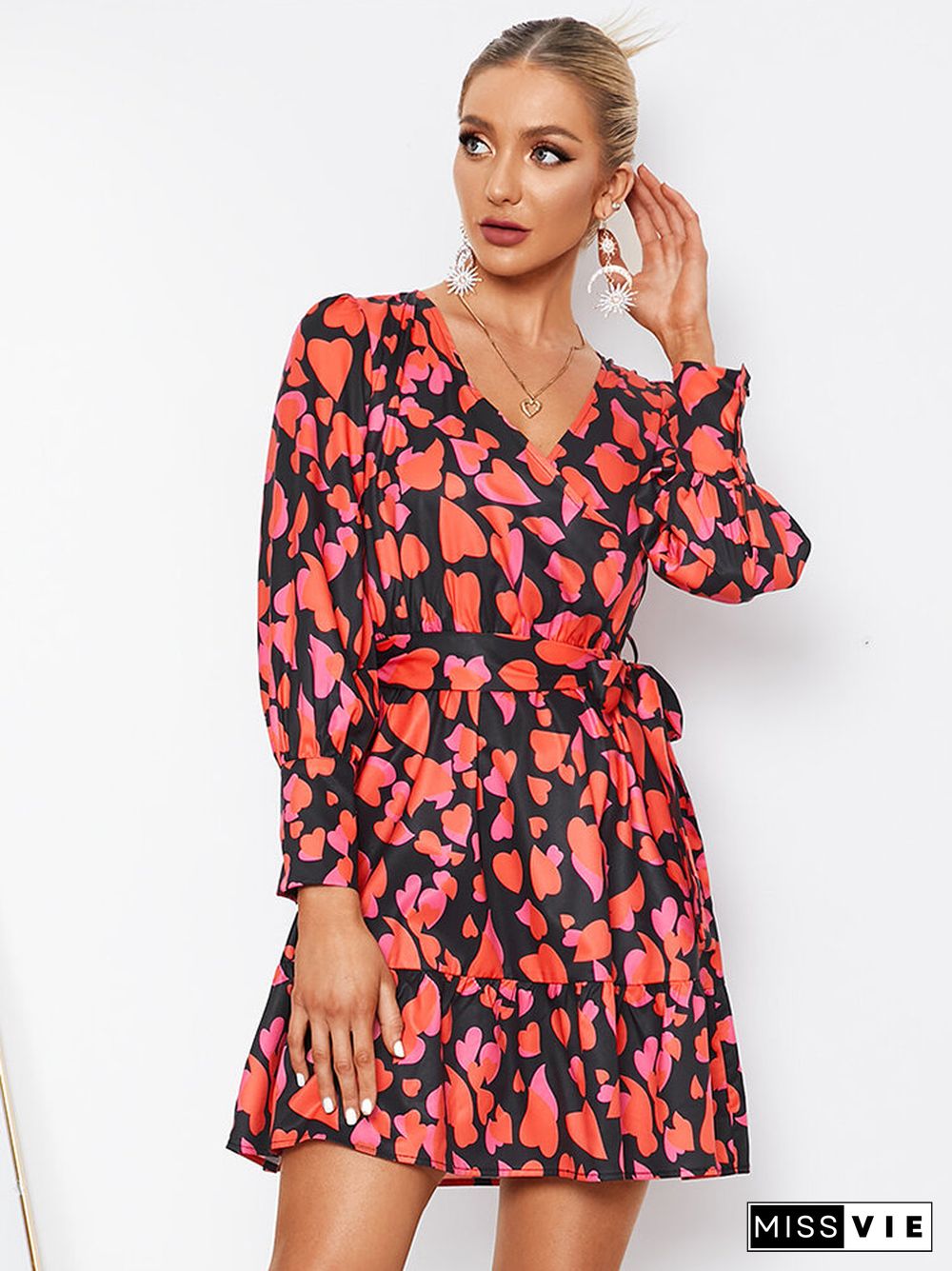 Heart Print Belt Cross Wrap V-neck Long Sleeve Dress