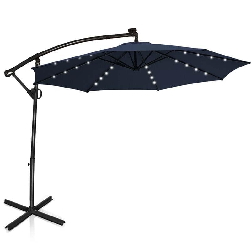 10 FT Patio Offset Umbrella with Solar Lights 360° Rotation Outdoor Market Umbrella with Crank Handle & Cross Base