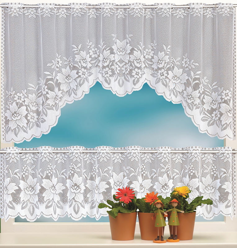 ZHH Sheer Voile Kitchen Valance Floral Embroidery Lace Swag Curtains Set Rod Pocket Home Decor  2PCS White