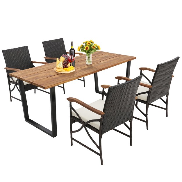 Costway 5 Pcs Patio Rattan Dining Set Acacia Wood Table 4 Wicker Chairs With Umbrella Hole