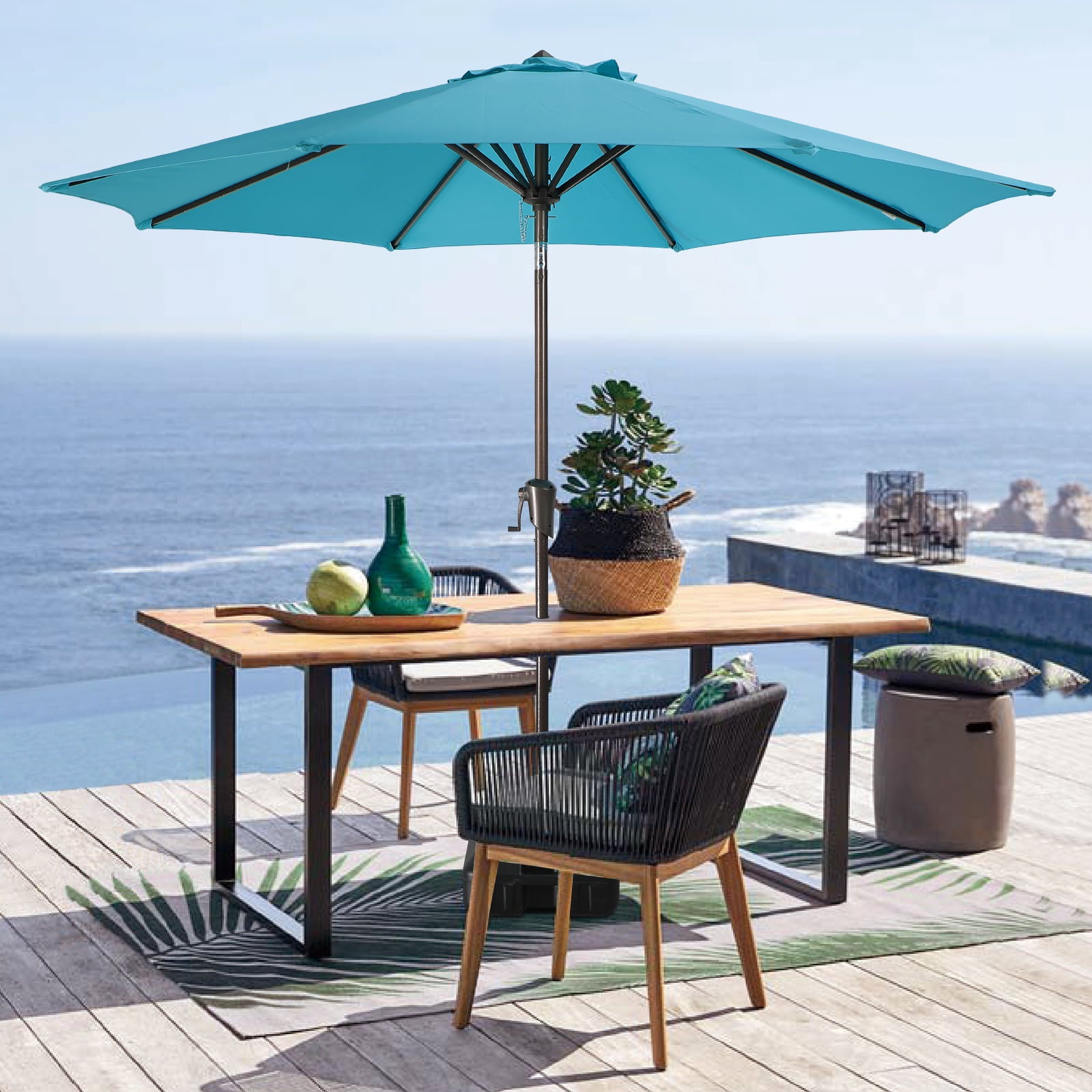 COBANA 9ft Patio Umbrella, Outdoor Table Market Umbrella with Push Button Tilt and Crank, Blue