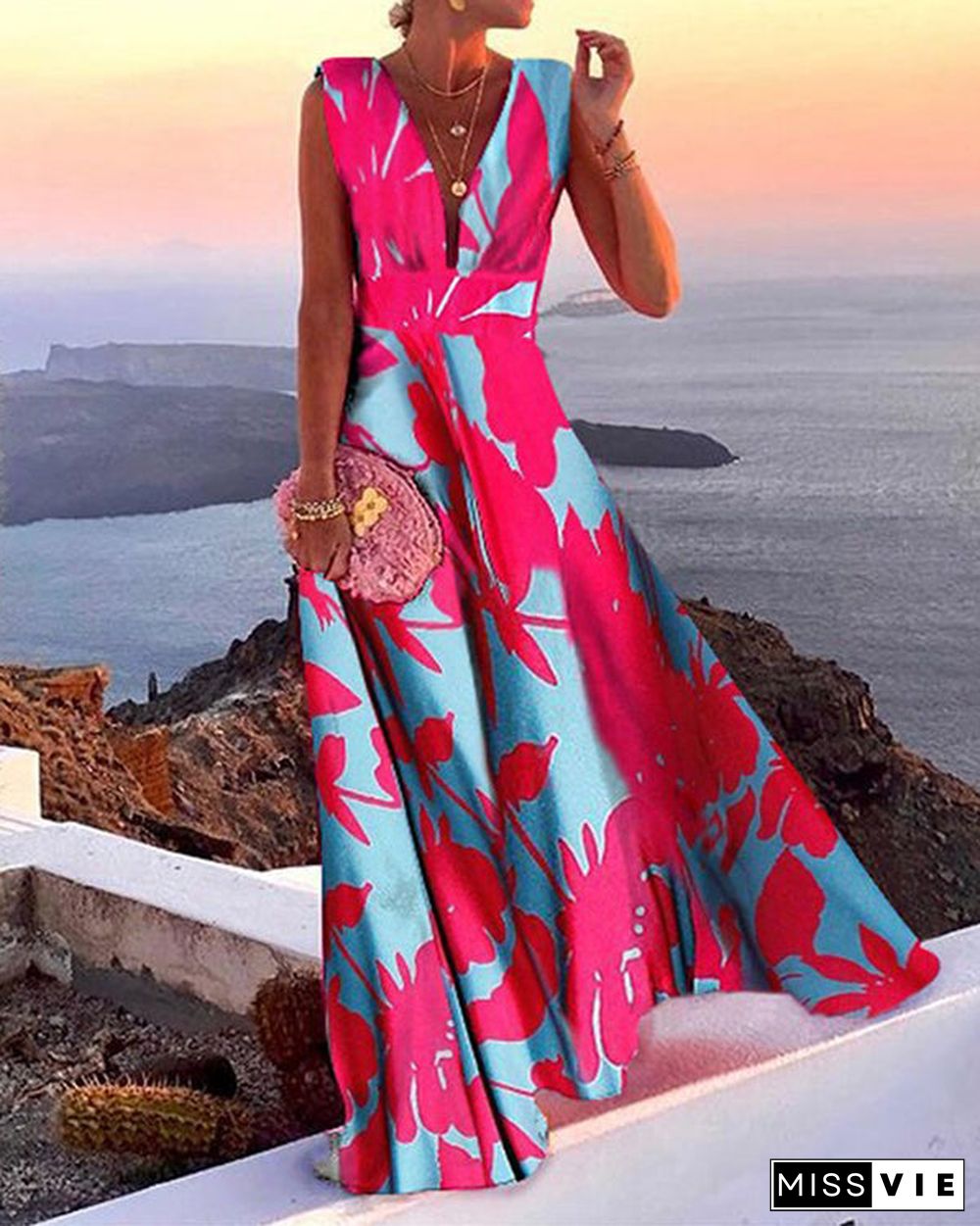 Elegant Print Sleeveless Maxi Dress