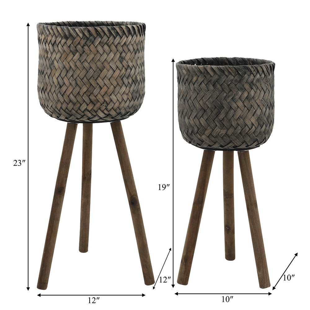 Set of 2 Bamboo Wood Planters on Stands  Indoor Outdoor  Brown/Black  12 L x 12 W x 23 H   12\