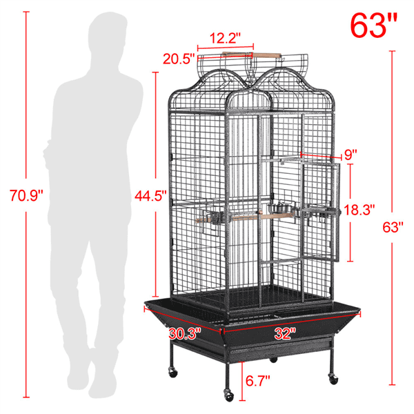 Extra Large Bird Cage with Rolling Stand， 3 Feeding Bowls and 2 Perches， Black