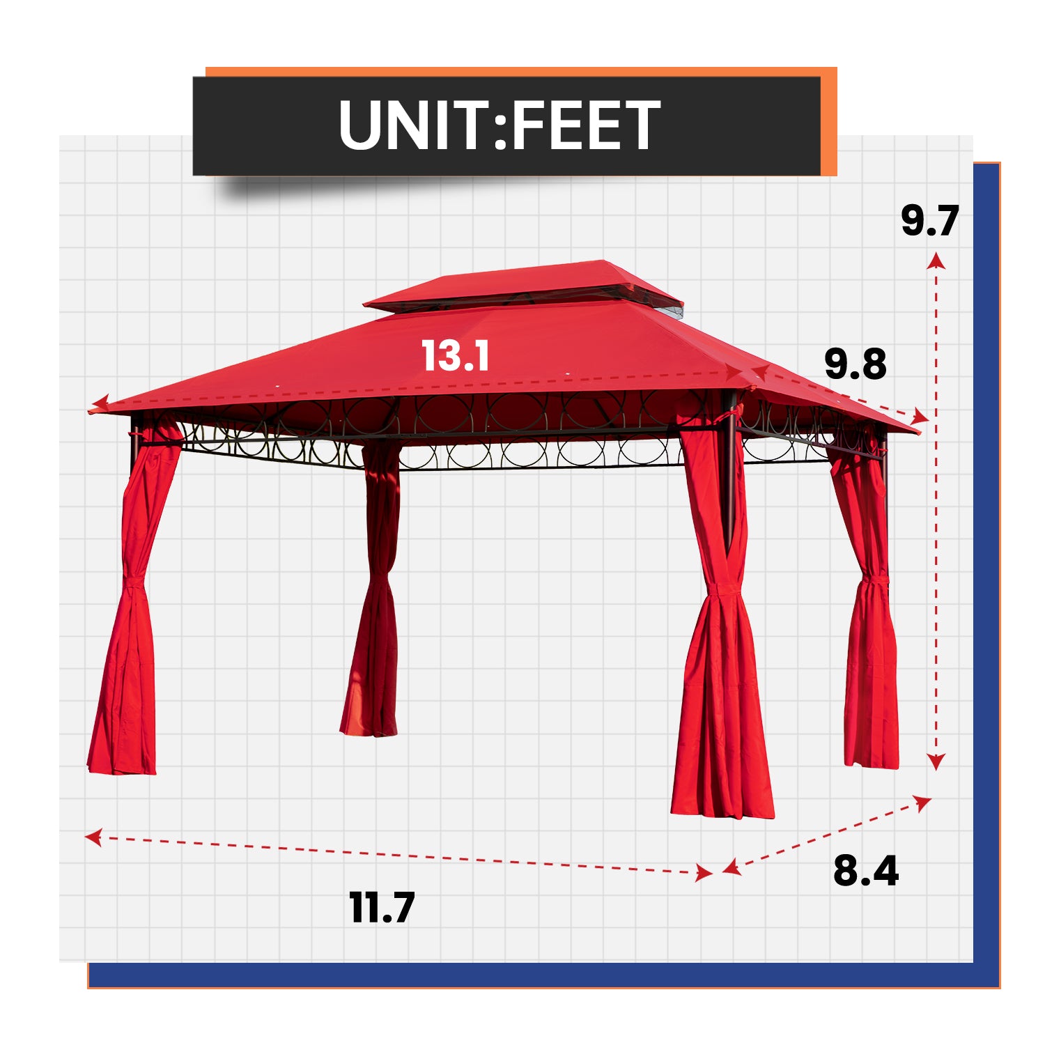 10'x13' Gazebo UV Protection Outdoor Canopy Tent Double Vented Roof Gazebos with 4 Sidewall for BBQ Party Patio Outdoor,Red