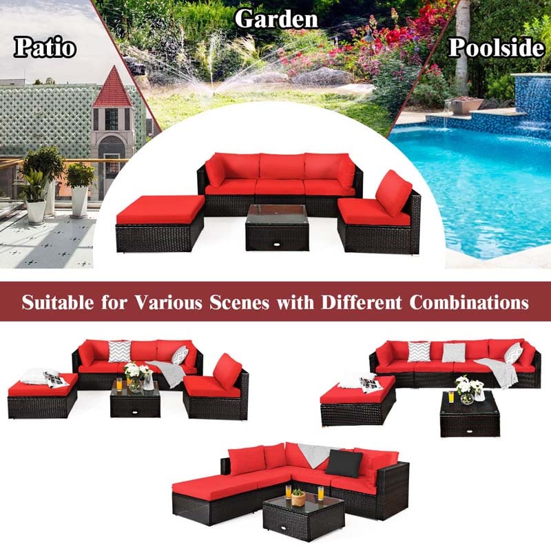 6 Pcs Outdoor Rattan Sectional Sofa Set with Coffee Table & Removable Seat & Back Cushions