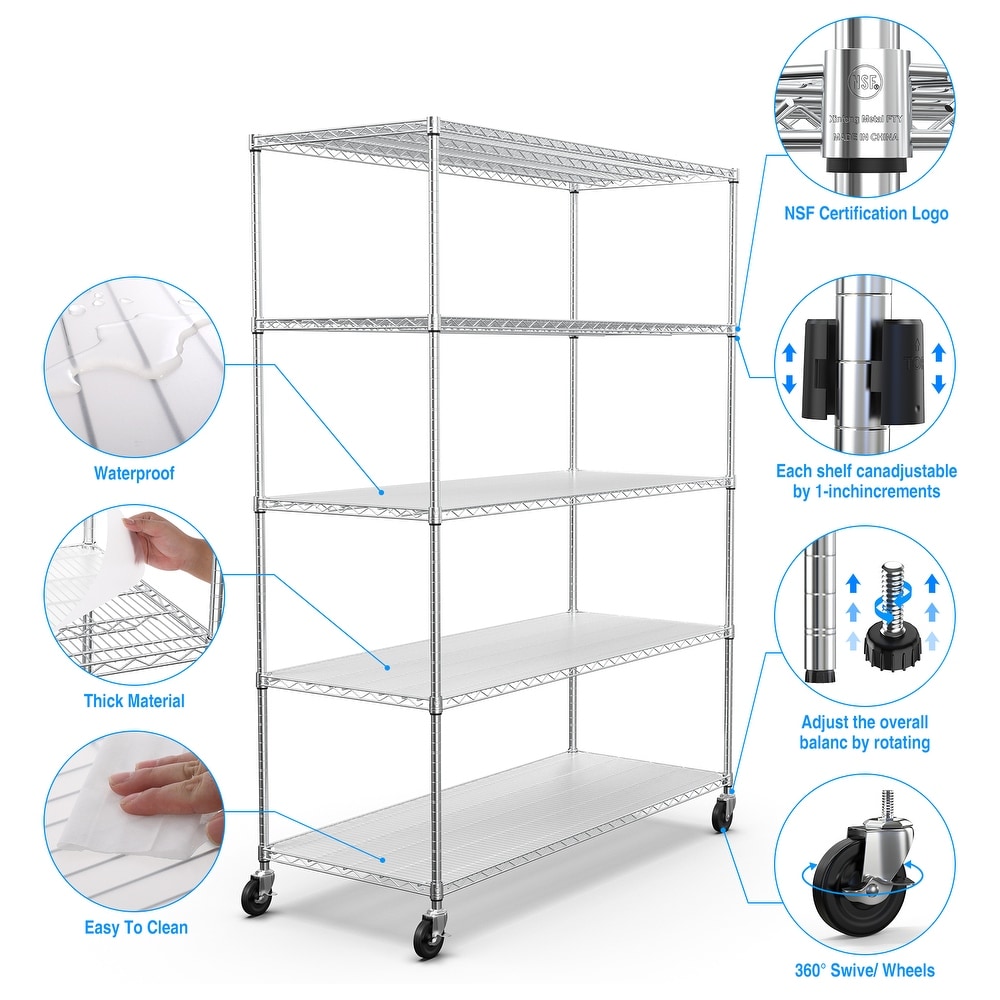 5 Tier 7500lbs Heavy Duty Adjustable Storage Rack Metal Shelf Wire Shelving Unit with Wheels   Shelf Liners 82\