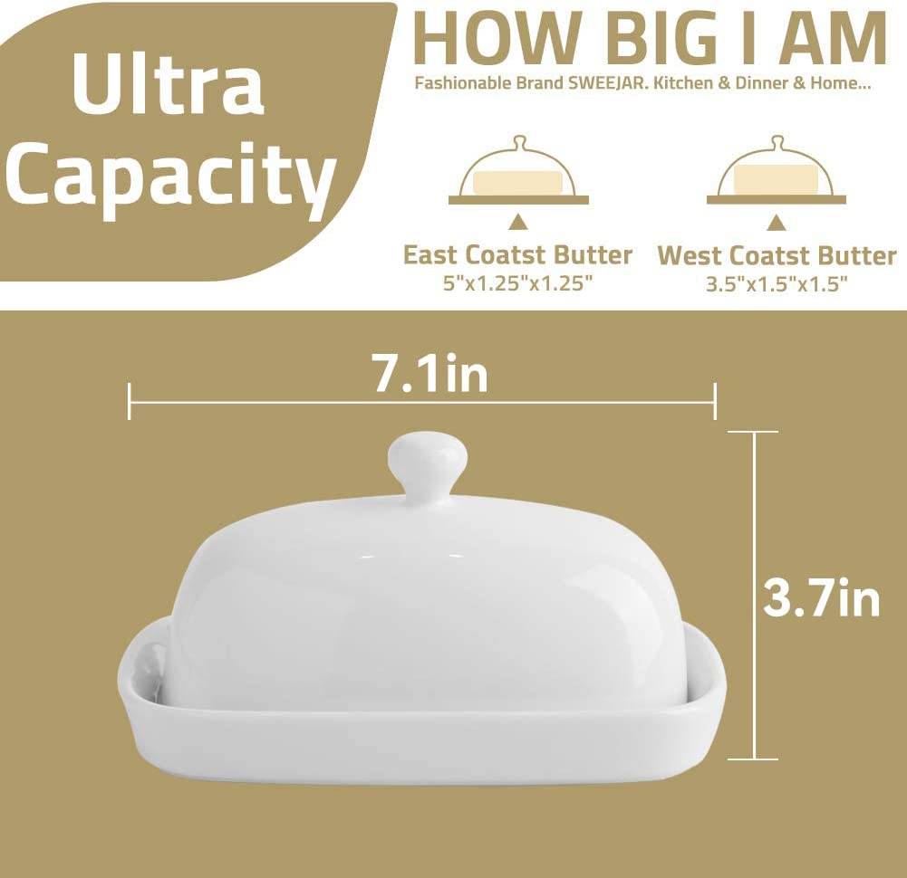 SWEEJAR Ceramics Butter Dish with Lid， Butter Keeper Container， East/West Coast Butter， 7 inches