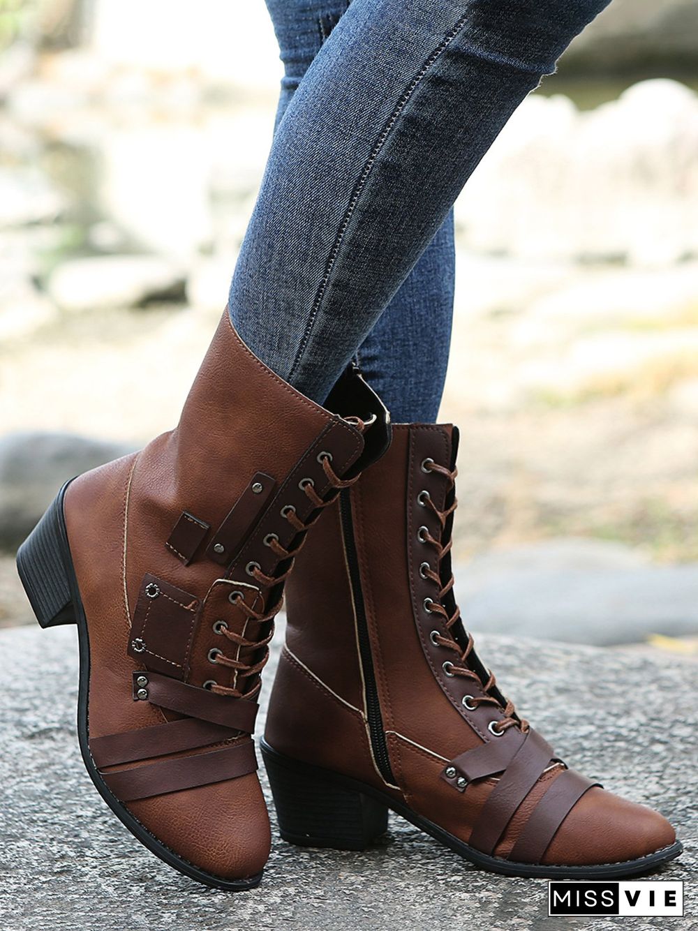 Women's Retro Comfy Chunky-heel Lace-up Riding Riding Boots