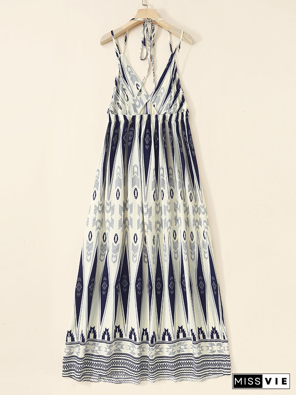 Tribal Geo Print Tie Spaghetti Strap Open Back Maxi Dress