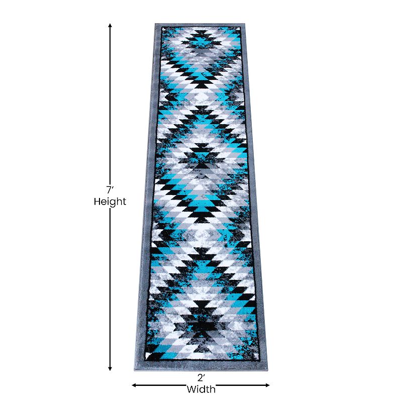 Masada Rugs Masada Rugs Stephanie Collection 2'x7' Area Rug Runner with Distressed Southwest Native American Design 1106 in Turquoise， Gray， Black and White