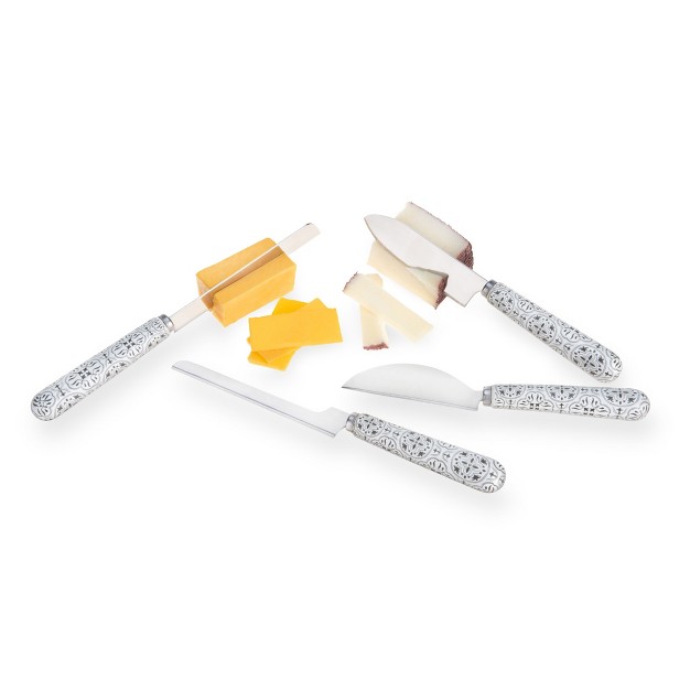 Twine 4 Piece Cheese Knives Set With Ceramic Tile Pattern Handles For Hard And Soft Cheese Bread And More Stainless Steel Blades White