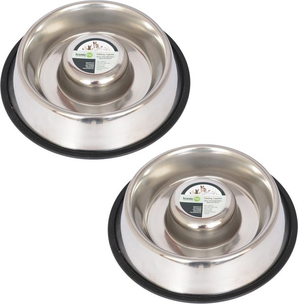 Iconic Pet Slow Feed Stainless Steel Dog and Cat Bowl， 2 count