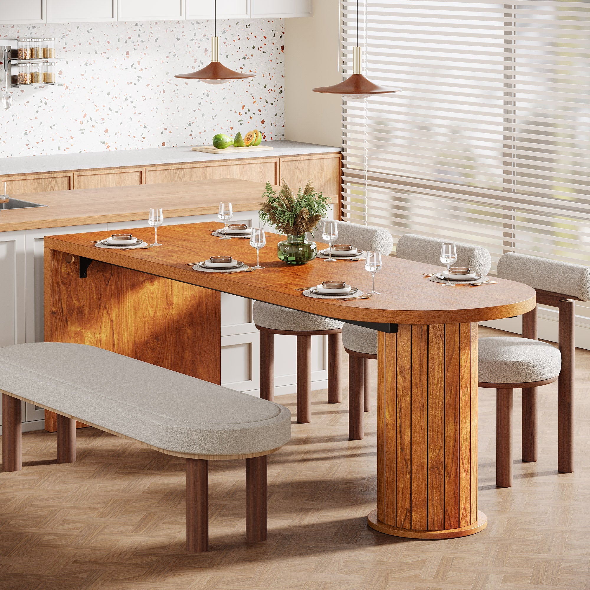 78.7 Dining Table, Farmhouse Kitchen Table with Cylindrical Pedestal for 6-8