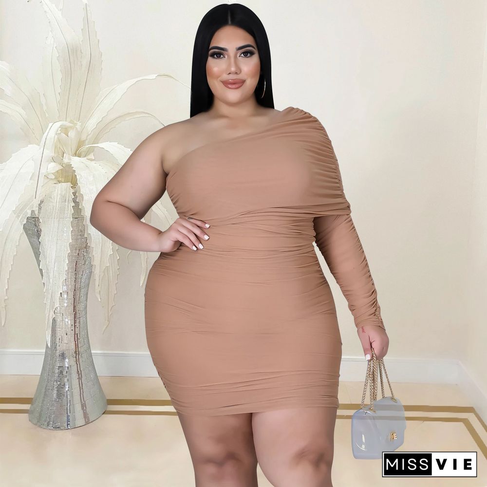 Plus Size Mesh Solid Single Sleeve Bodycon Dress