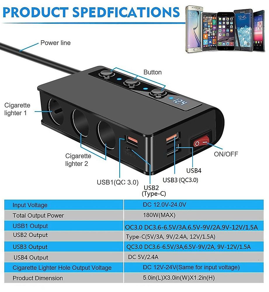 Car Phone Charger 180w 3 Usb Interface One For Three Cigarette Lighter Car Charger Independent Switch Voltage Digital Display For 12v-24v Car Truck Su