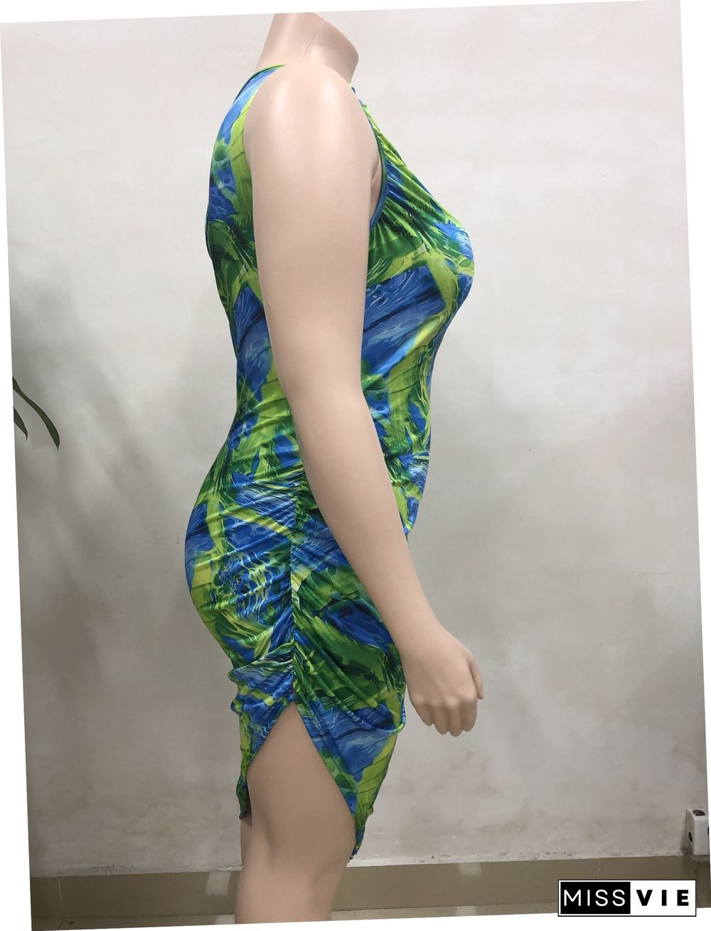 Sexy Bodycon Elastic Summer Tie Dye Print Women One Shoulder Sleeveless Asymmetry Party Midi Dress