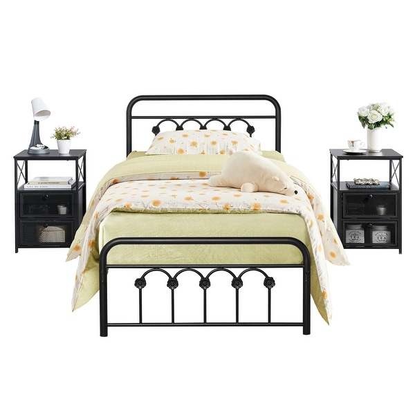 Taomika 3-Pieces Modern Bedroom Set with Black Platform Bed Frame and 3-tier Shelf Doors Nightstands - - 36069034