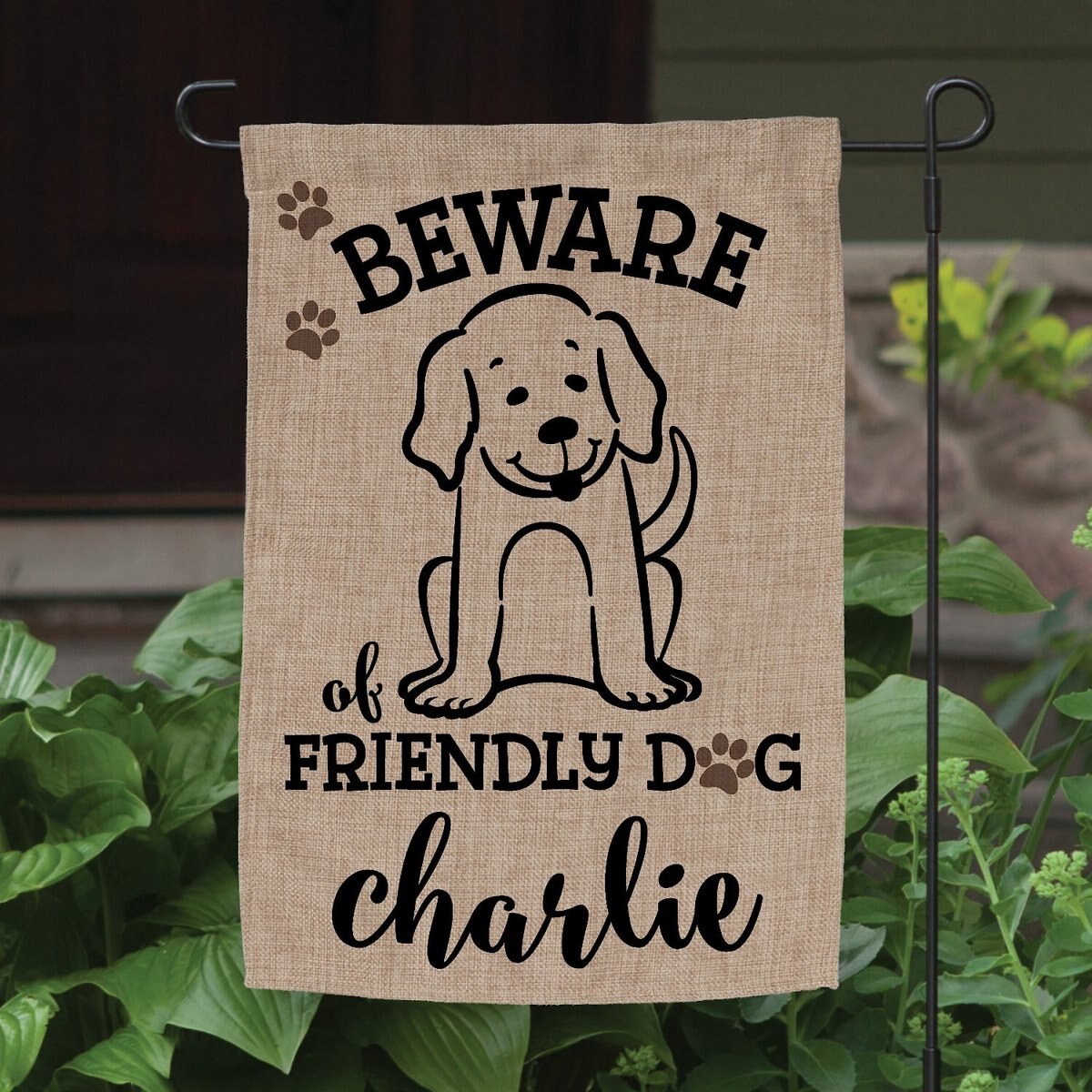 Custom Personalization Solutions Beware Of Friendly Dog Personalized Burlap Garden Flag