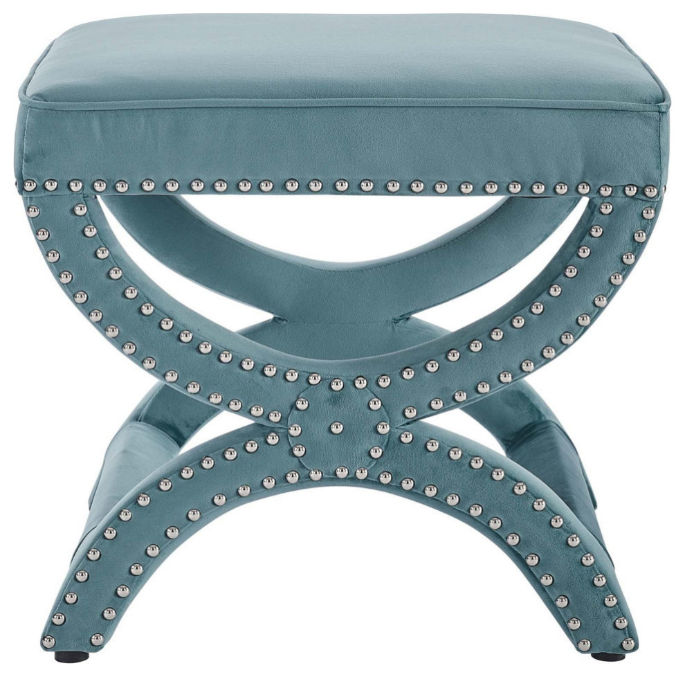 Paul Sea Blue Upholstered Nailhead Trim Performance Velvet Ottoman   Modern   Footstools And Ottomans   by Rustic Home Furniture Deco  Houzz