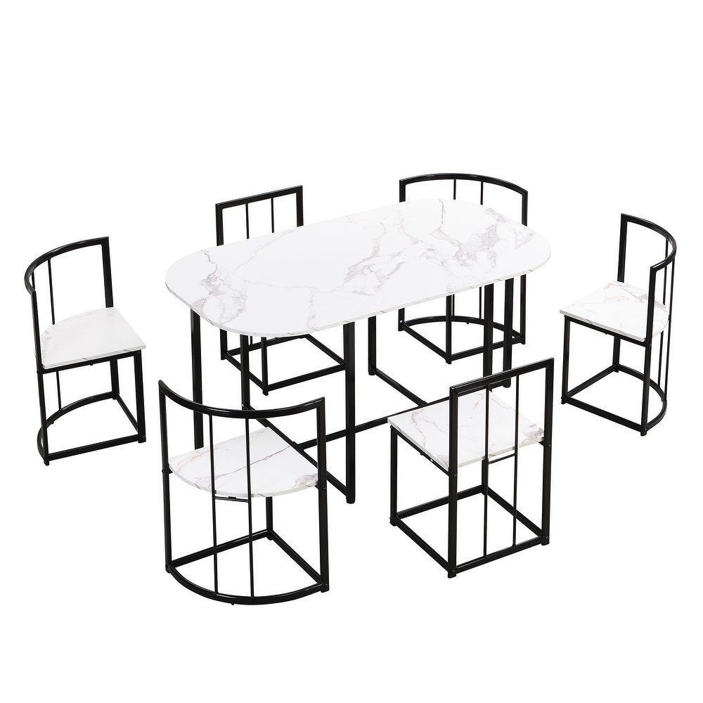 Modern 7 Piece Dining Table Set with Faux Marble Compact Kitchen Table