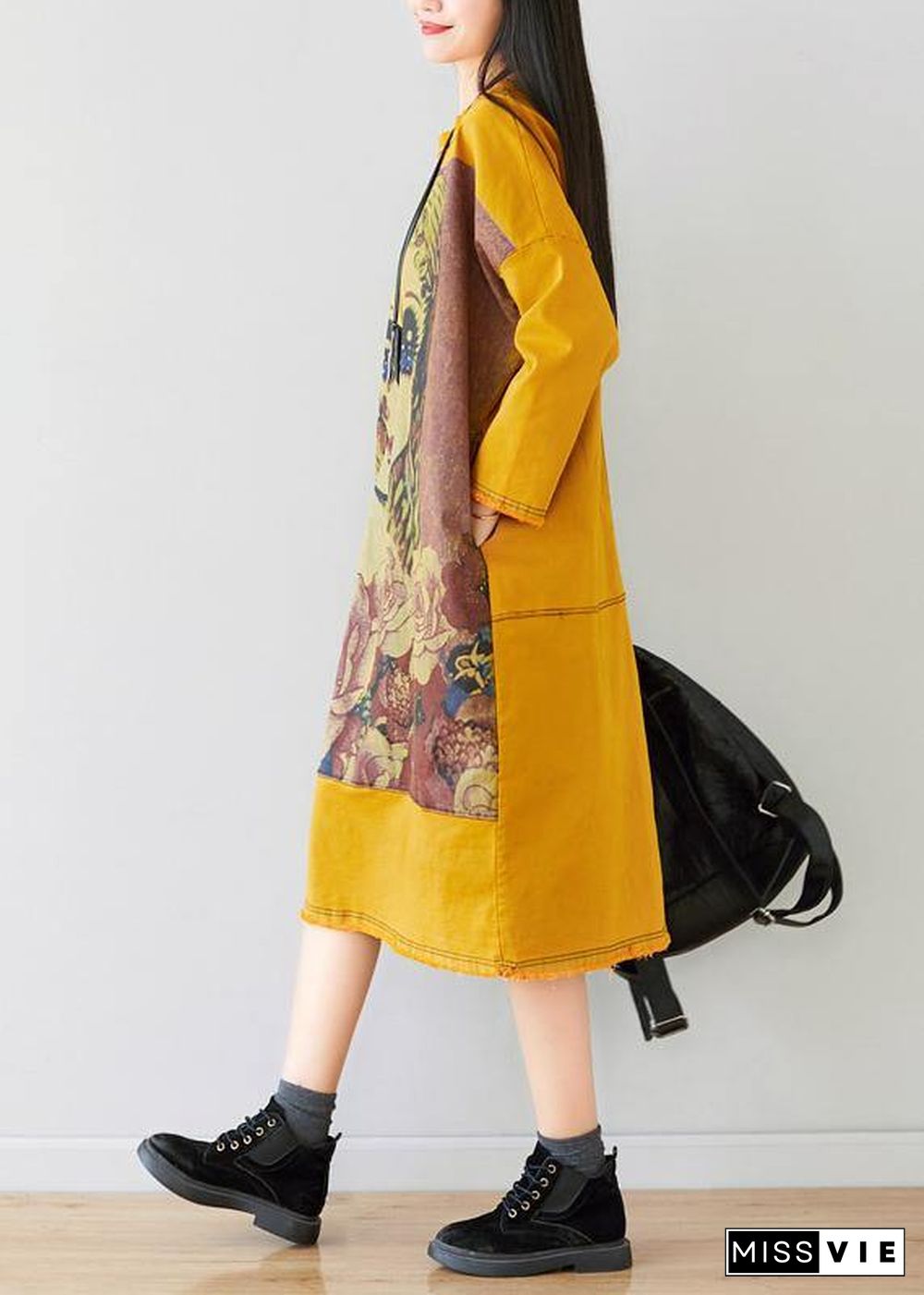 French Yellow U Neck Dress Character Print Spring Ankle Dress