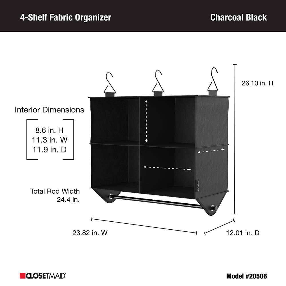 ClosetMaid 26.10 in. H Charcoal Black Fabric Hanging Closet Organizer with 4 Shelves 2050600