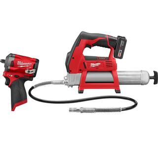 MW M12 12V Li-Ion Cordless Grease Gun Kit with Stubby 38 in. Impact Wrench One 3.0 Ah Battery Charger and Tool Bag 2446-21XC-2554-20