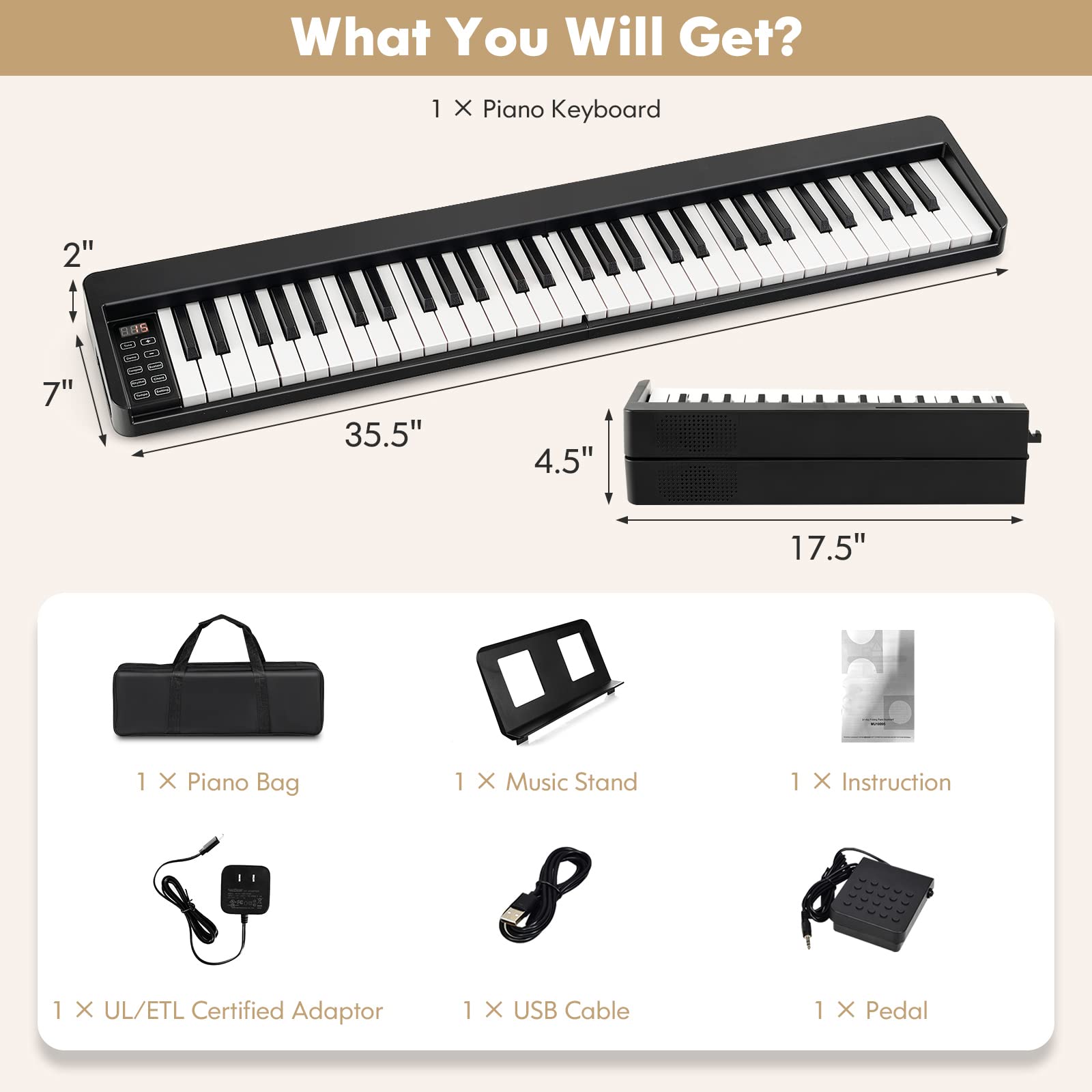 Costzon 61-Key Folding Piano Keyboard, Portable Electric Piano w/Full Size Keys (Black)