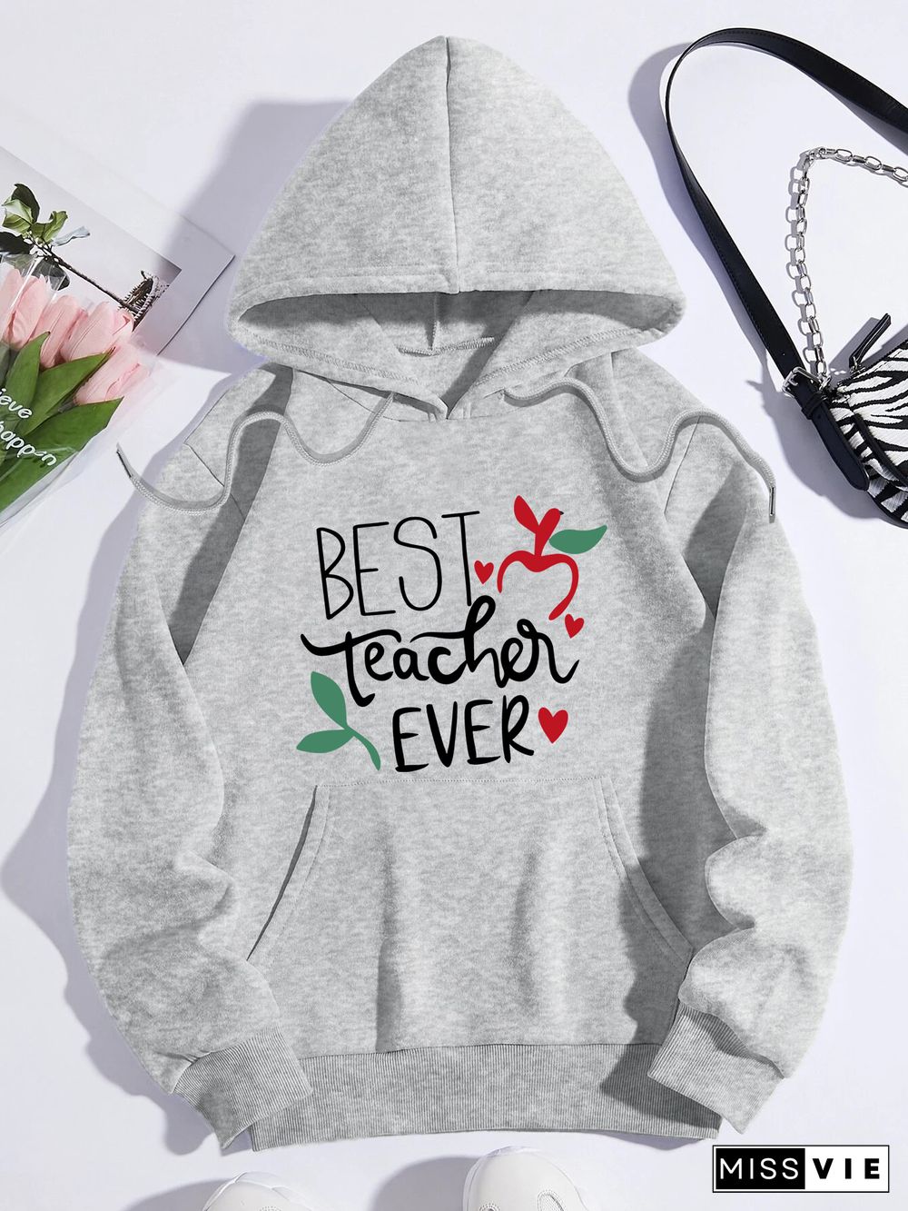 Printed on front Kangaroo Pocket Hoodie Long Sleeve for Women Pattern Best teacher ever