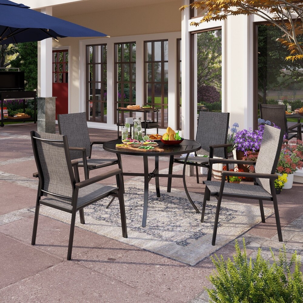 5 Piece Patio Dining Set Aluminum Textilene Fixed Chairs   Geometrically Stamped Round Table