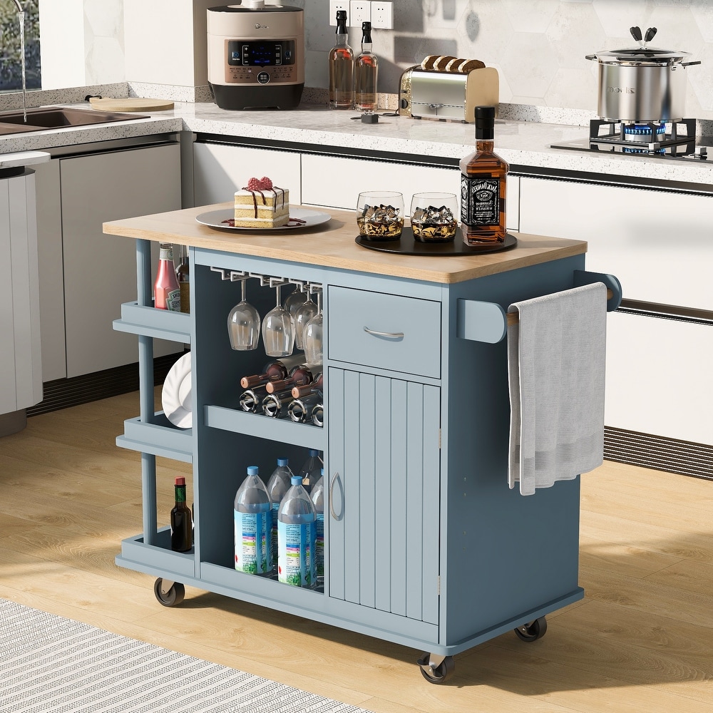 Kitchen Cart Cabinet with Wood Top and Adjustable Storage Shelves