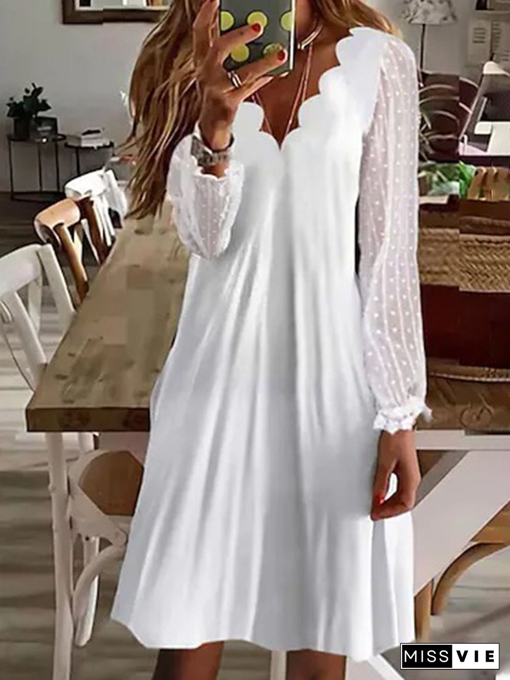 Casual Plain V neck Loose Long Sleeve Dresses