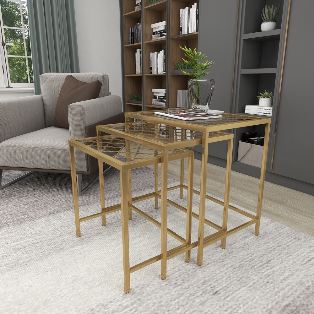 Gold Metal Contemporary Accent Table with Clear Glass Top (Set of 3)