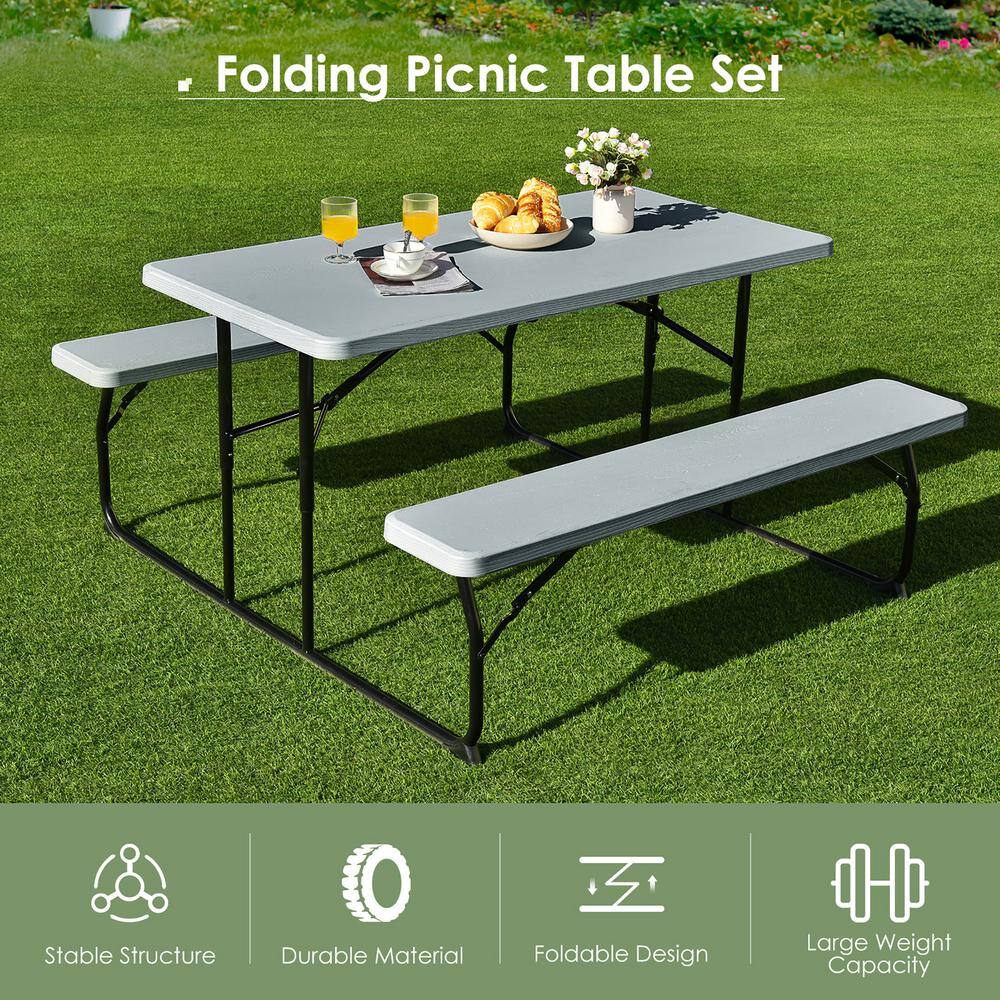 Costway Rectangle Metal Folding Indoor and Outdoor Picnic Table Bench Set with Wood-like Texture Grey OP70672GR