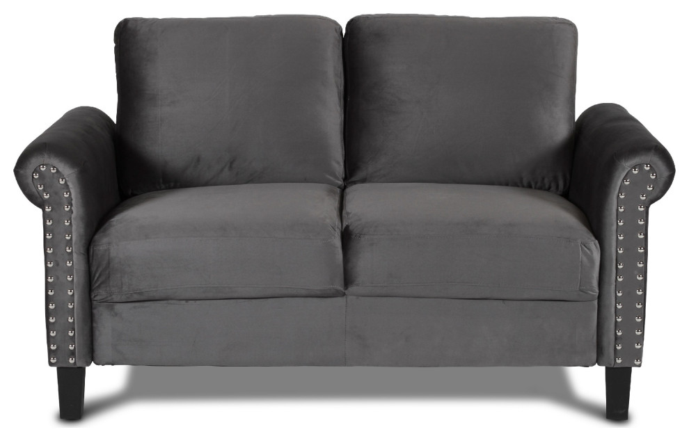 Benzara BM271912 60 quotVelvet Upholstered Loveseat With Nailhead Trim  Gray   Transitional   Loveseats   by VirVentures  Houzz