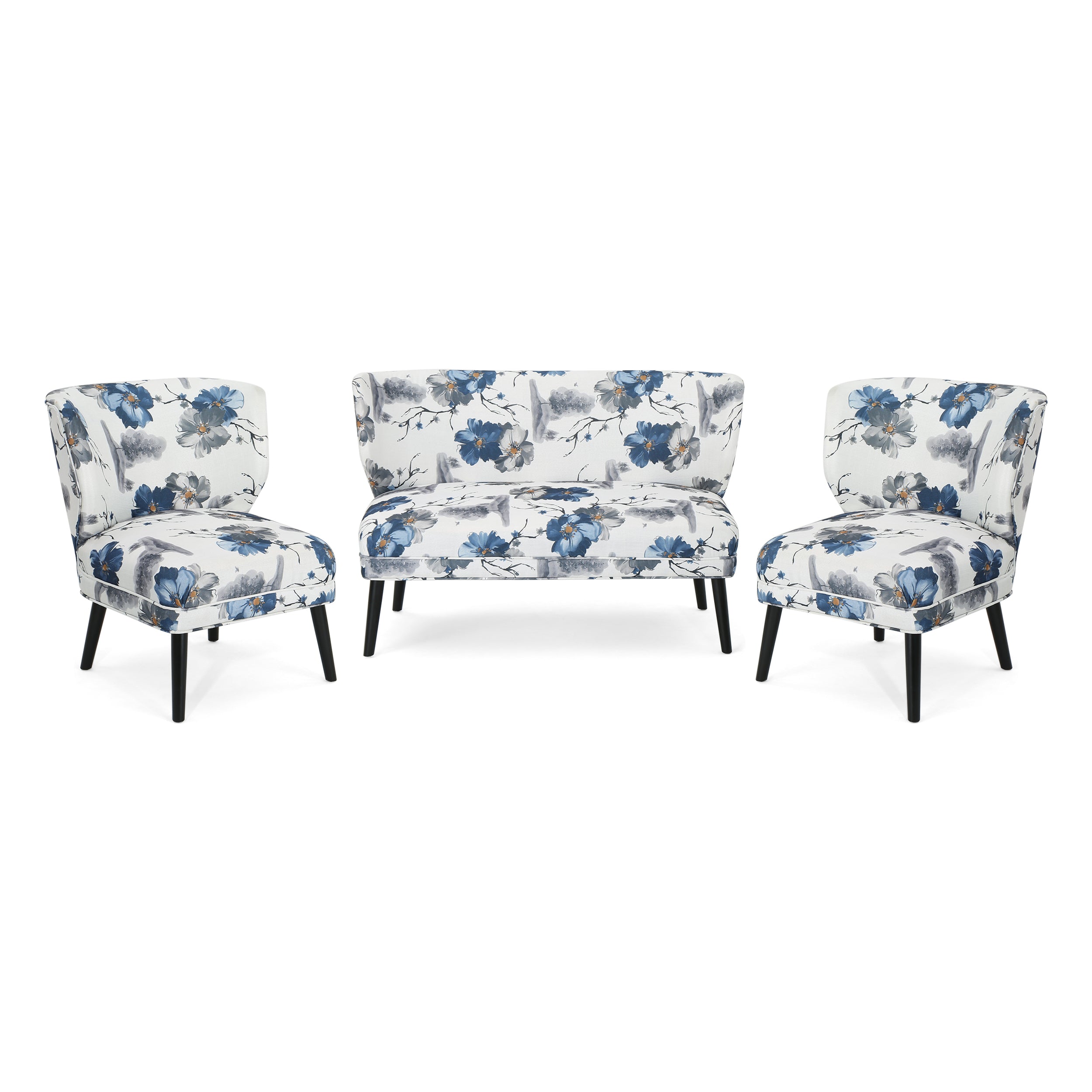 Scilla Mid-Century Modern 3-Piece Fabric Chairs & Couch Living Room Set