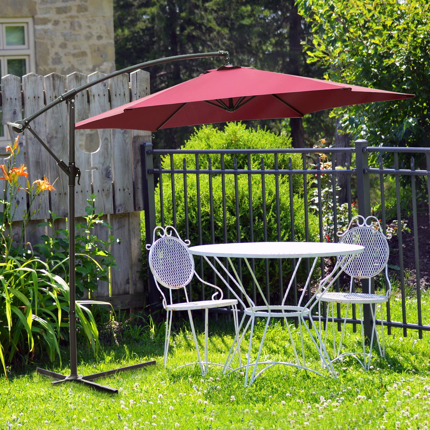 10FT Patio Umbrella Outdoor Market Table  Foldable Umbrella Sun Shade Hanging Canopy Offset Crank Wine Red w/Ribs