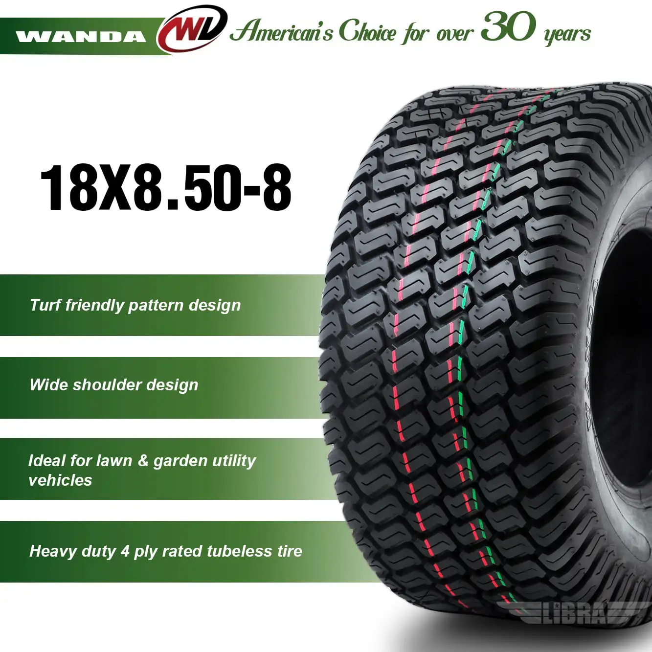 2 New WANDA 18x8.50-8 Lawn Mower Utility/Golf Cart Turf Tires