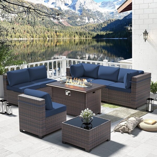 Outdoor Sectional Conversation Sofa Set with Firepit Coffee Table Cushions