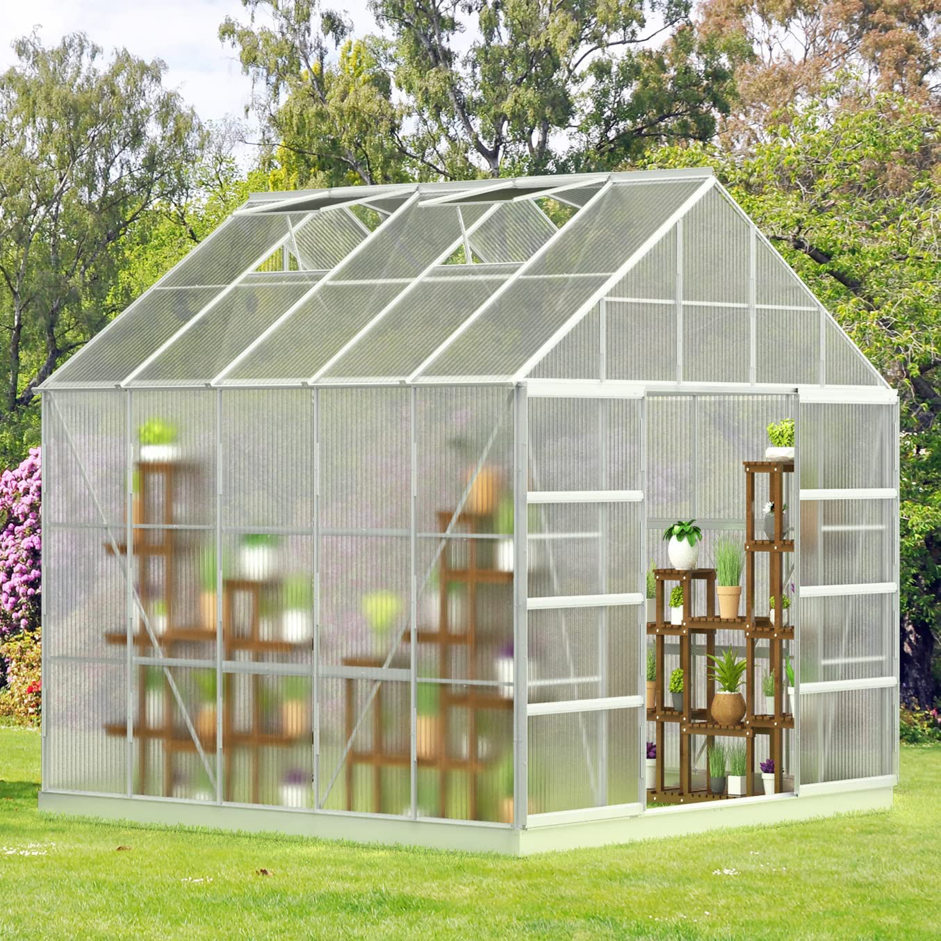 Yoleny 10' x 10' x 10.3' Outdoor Walk-in Hobby Greenhouse for Plants, Polycarbonate Aluminum Green House with Adjustable Roof Vent and Sliding Door for Backyard Garden in Winter