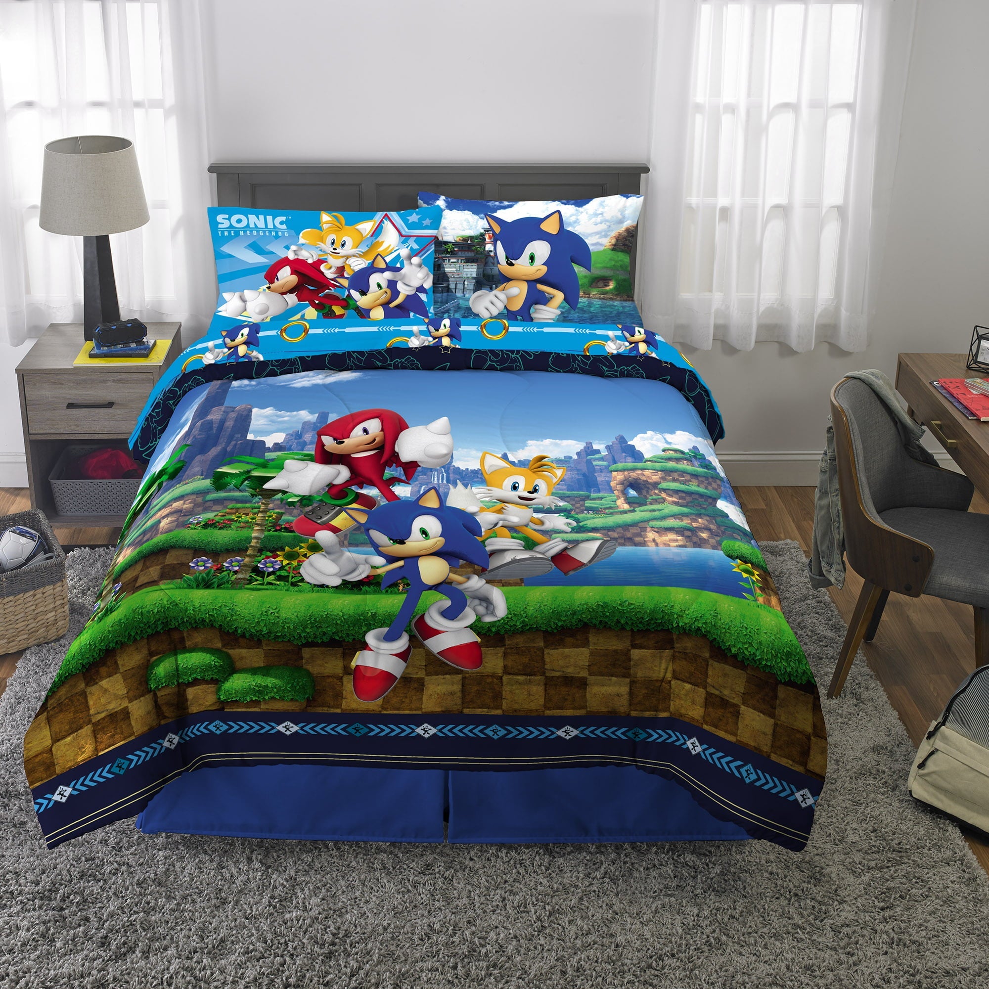 Sonic the Hedgehog Kids Full Bed in a Bag, Gaming Bedding, Comforter and Sheets, Blue, Sega