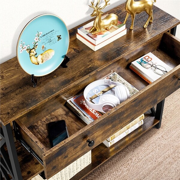 Wooden Console Table Entry Hallway Table with 1 Drawer and 2 Open Shelves， Rustic Brown