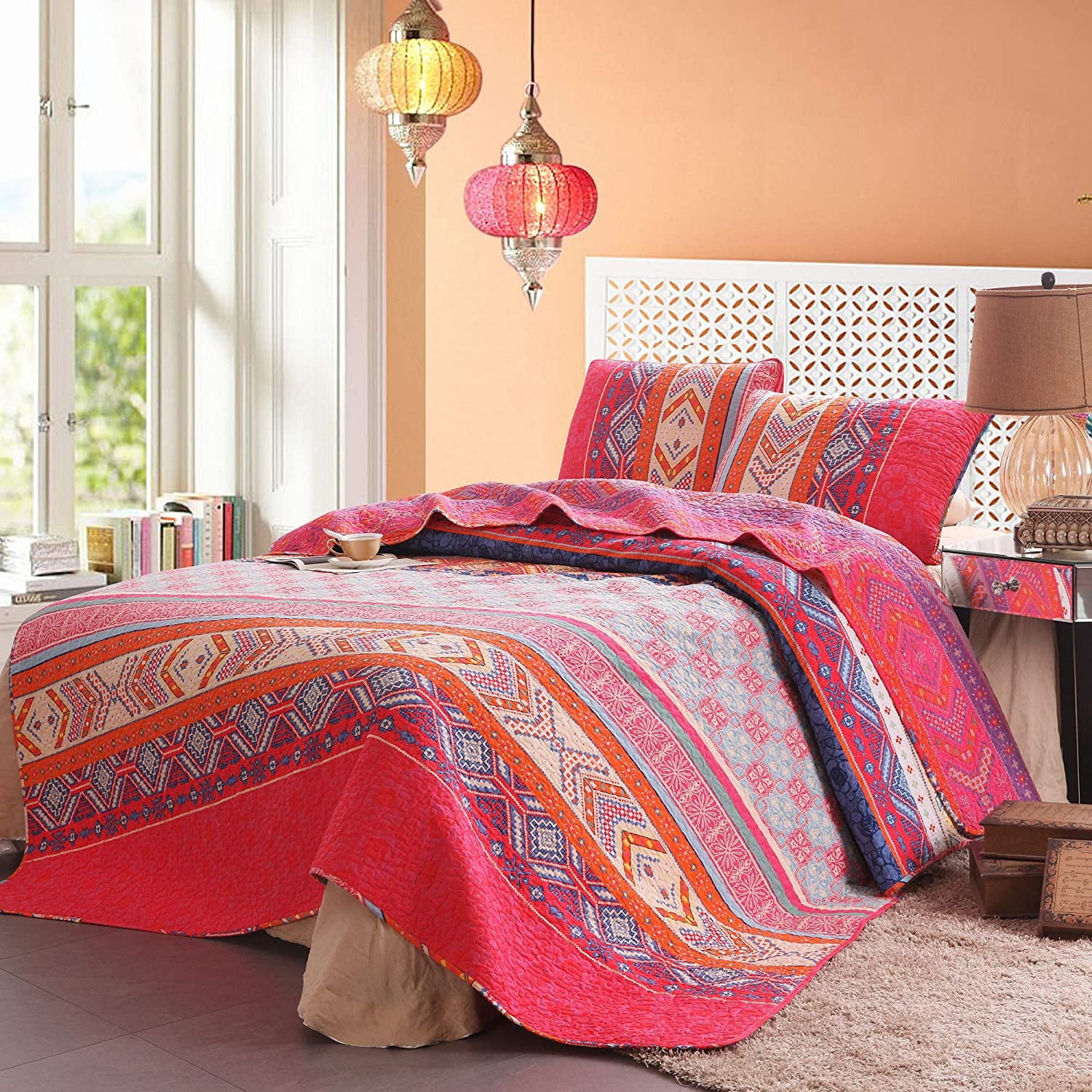 Exclusivo Mezcla 100% Cotton 3-Piece Multicolored Boho King Size Quilt Set/Bedspread/Coverlet- Lightweight， Reversibleand Decorative