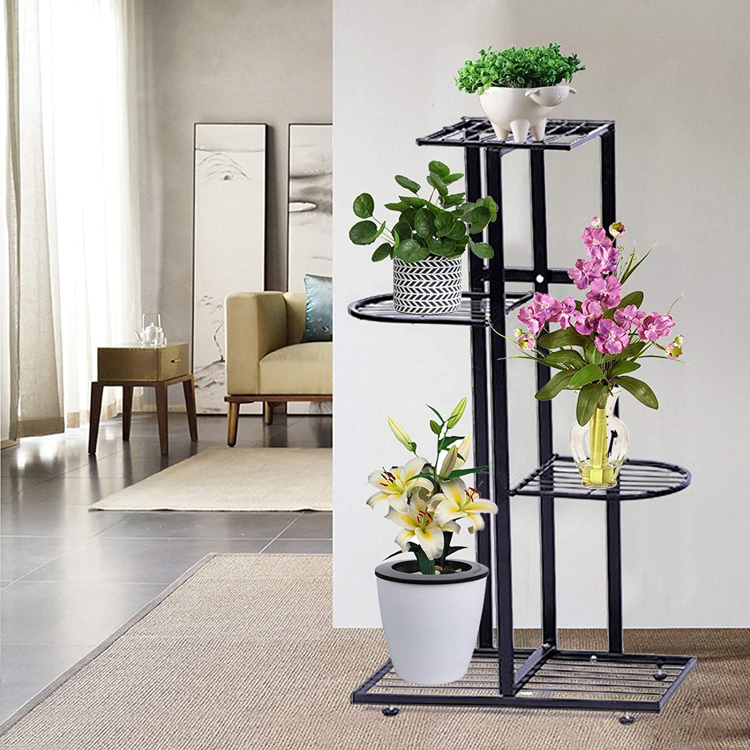 Flkoendmall Flkoendmall4Tier Iron Plant Flower Pot Display Stand Holder Flower Rack Storage Shelf Black