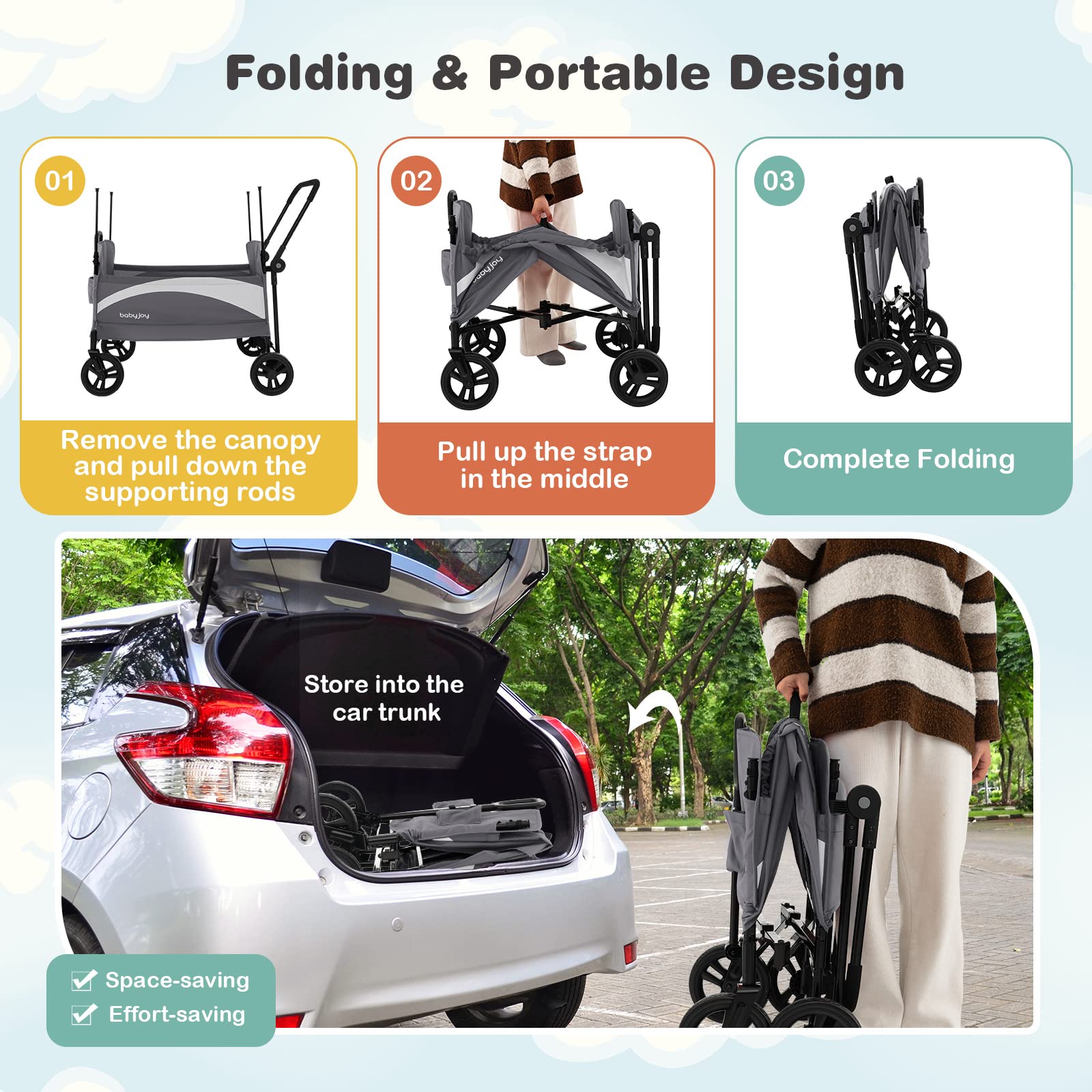 Collapsible Wagon Stroller for 2 Kids & Cargo, Push Pull Double Stroller